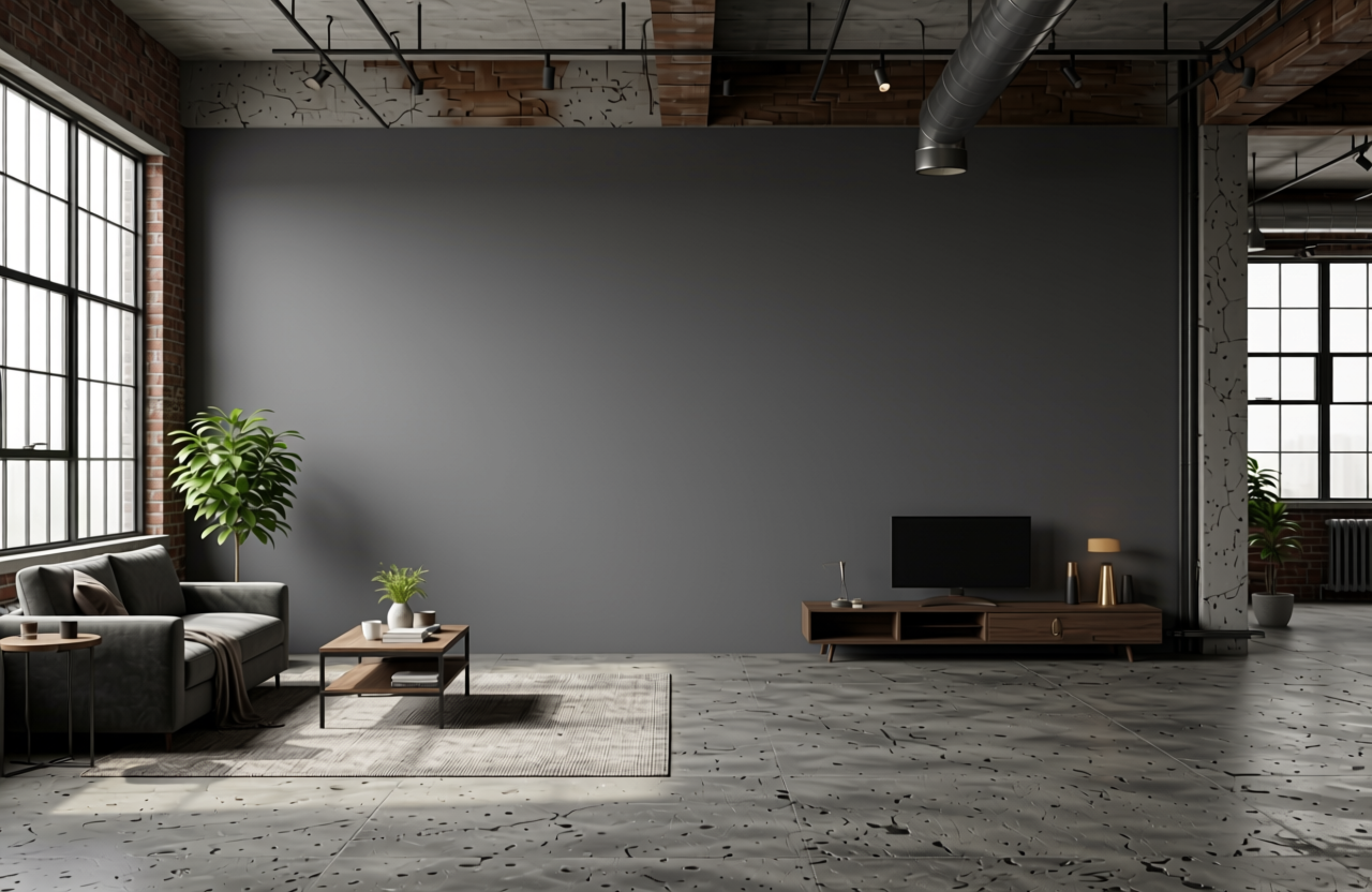 Shadow Grey Plain Laminate 8x4 ft Texture 1 mm - 7010 U — application view in a industrial loft