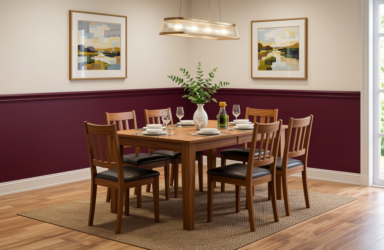 Solid Burgundy Plain Laminate 8x4 ft Texture 1 mm - 7019 U — application view in a dining room