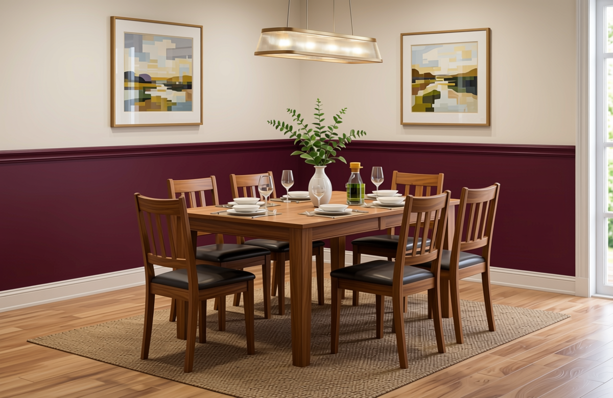 Solid Burgundy Plain Laminate 8x4 ft Texture 1 mm - 7019 U — application view in a dining room