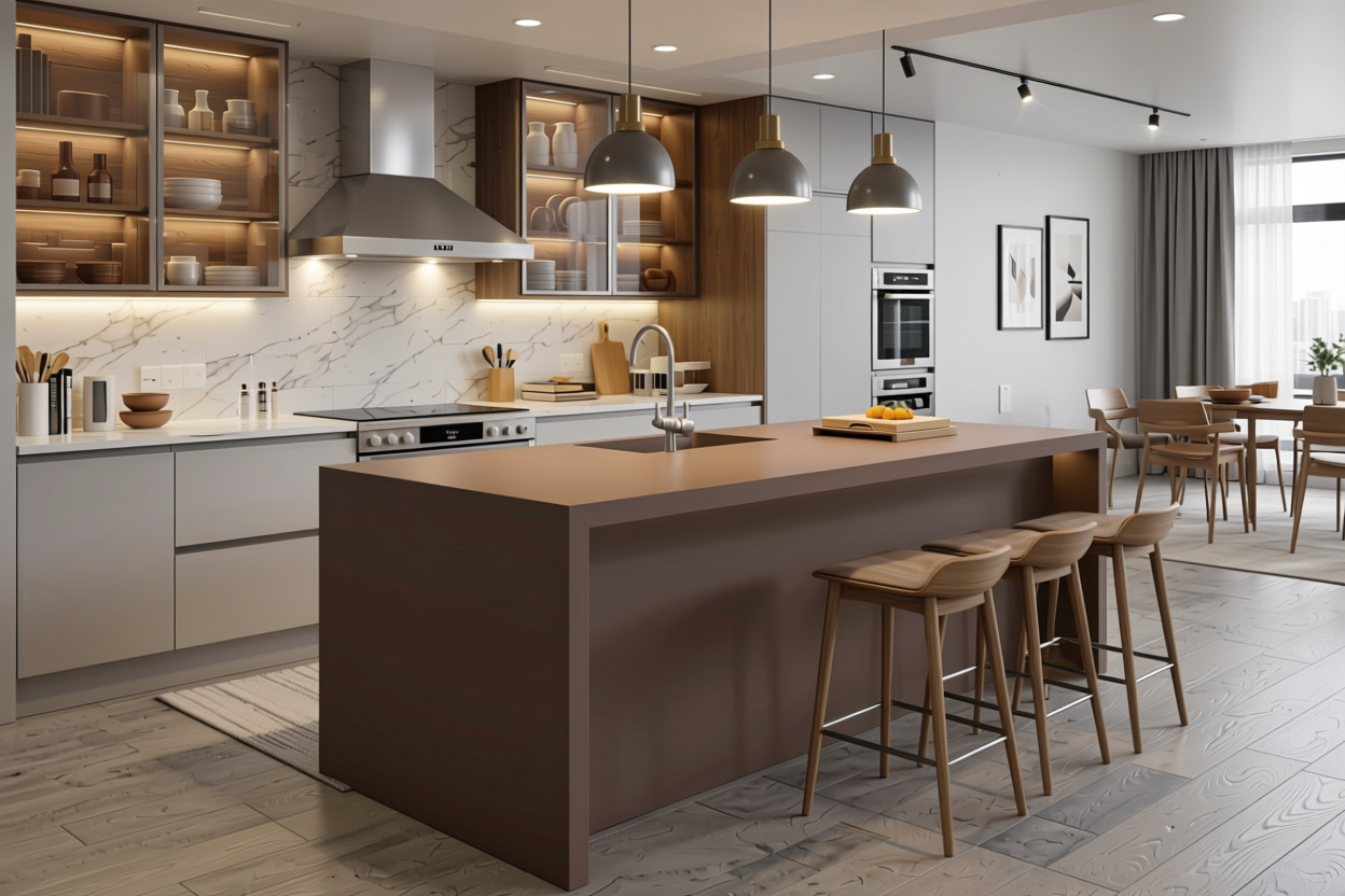 Solid Timber Plain Laminate 8x4 ft Texture 1 mm - 7042 U — application view in a modern kitchen