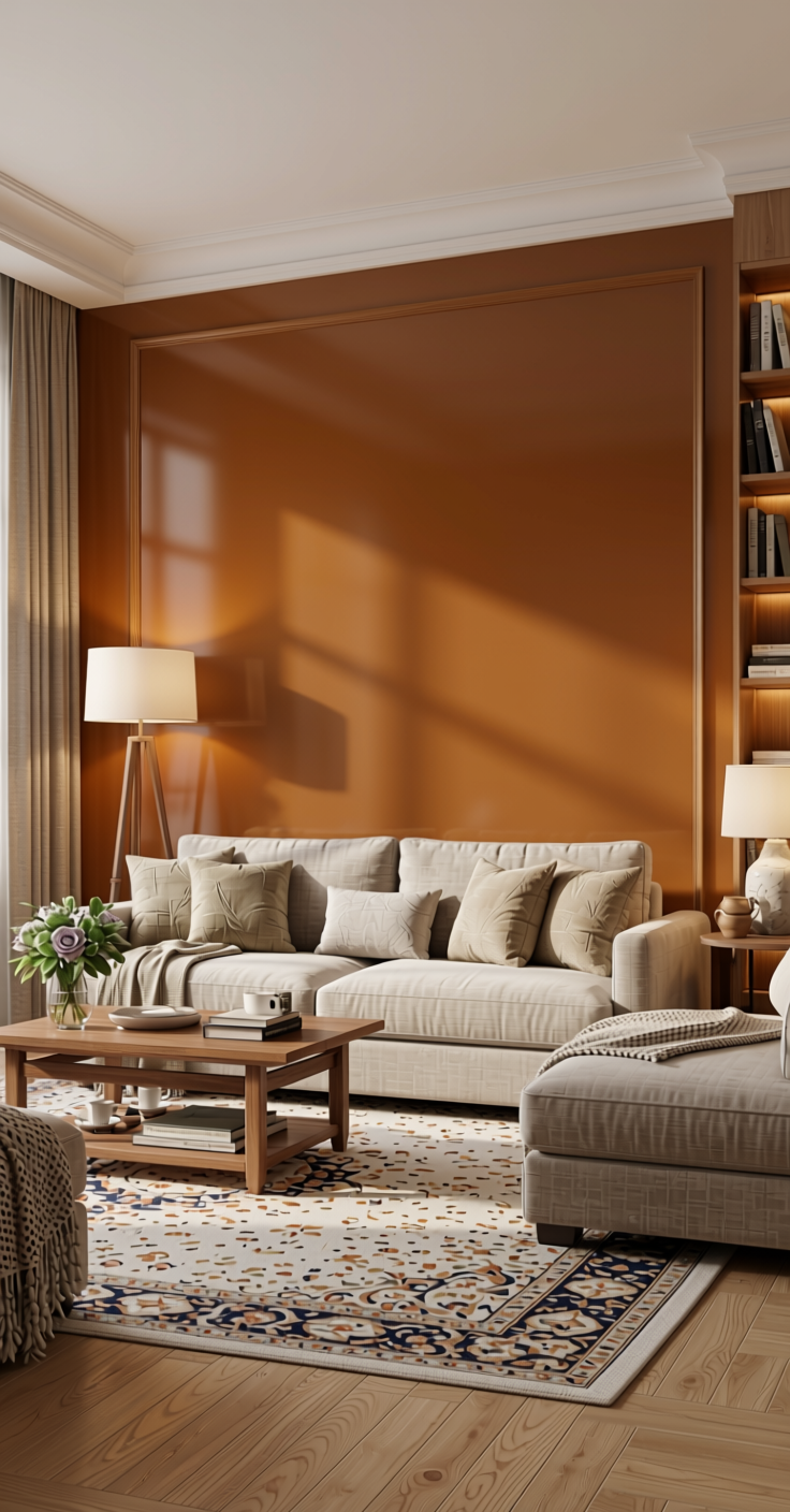 Nutmeg Brown Marble & Stone Laminate 8x4 ft High Gloss 1 mm - 6912 EHG — application view in a elegant living room