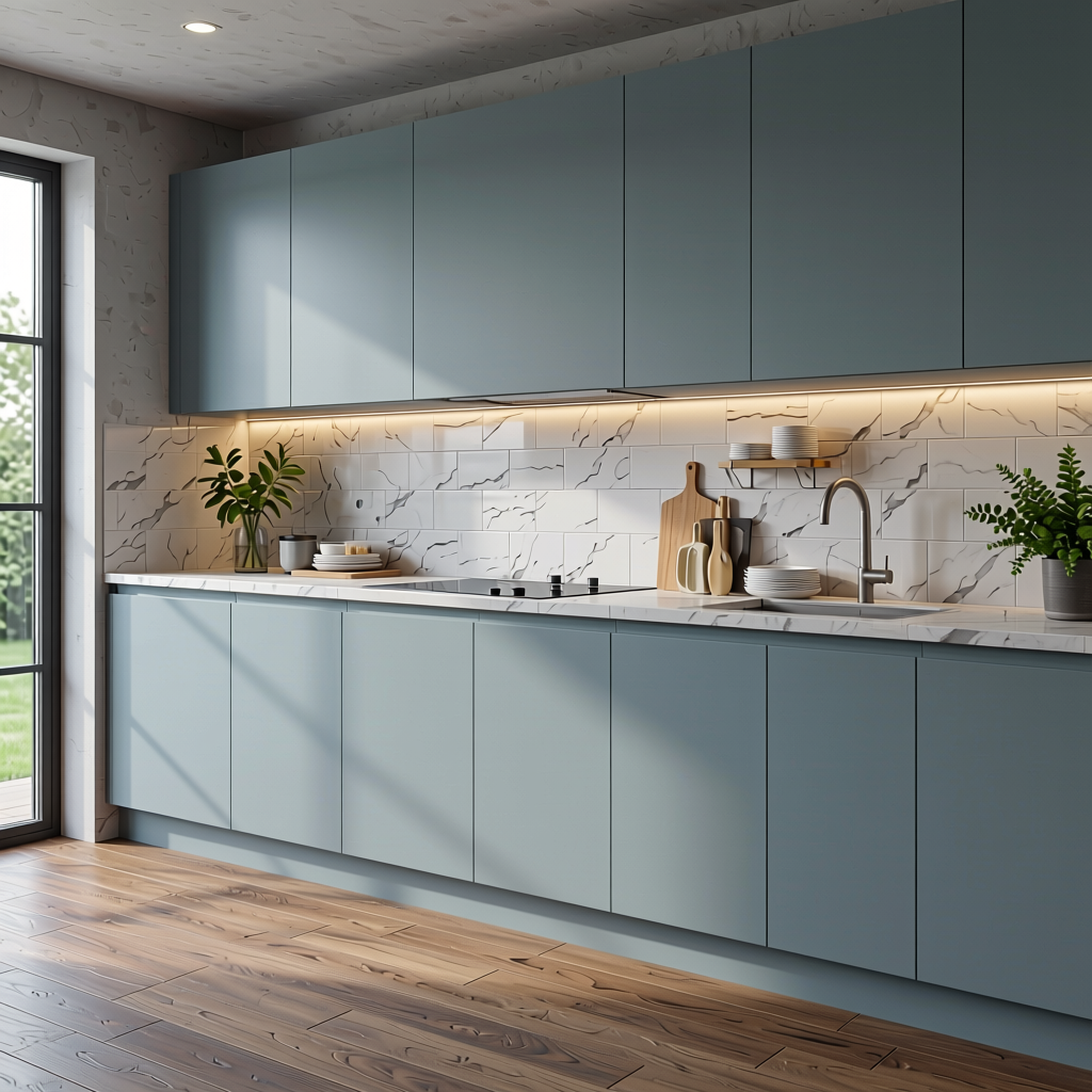 Plain Laminate 8x4 ft Matte 1 mm - LM 18422 — application view in a contemporary kitchen