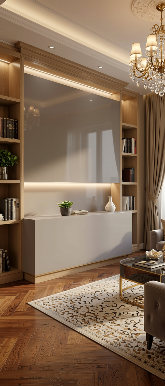 Plain Laminate 8x4 ft Glossy 1 mm - LM 18434 — application view in a glamorous living room