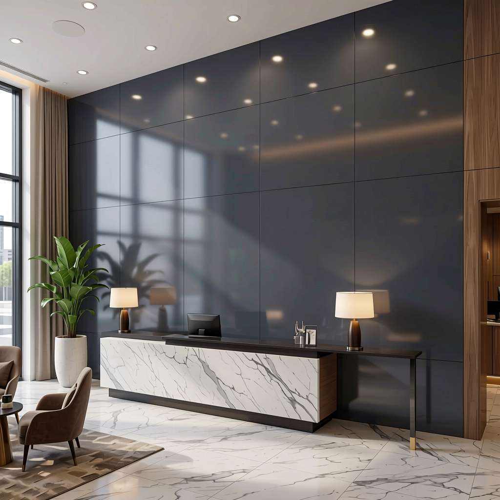 Plain Laminate 8x4 ft Glossy 1 mm - LM 18446 — application view in a hotel lobby