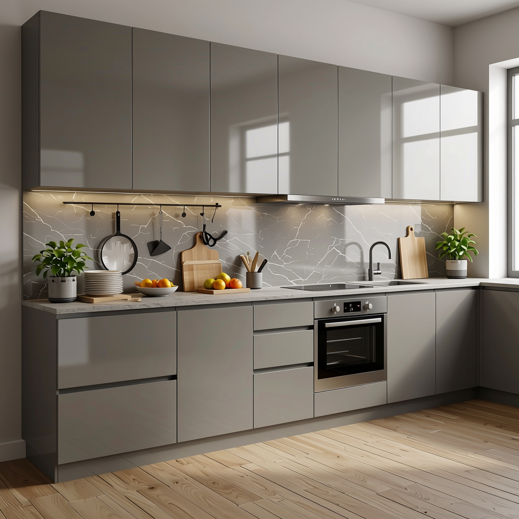 Plain Laminate 8x4 ft Glossy 1 mm - LM 18449 — application view in a contemporary kitchen