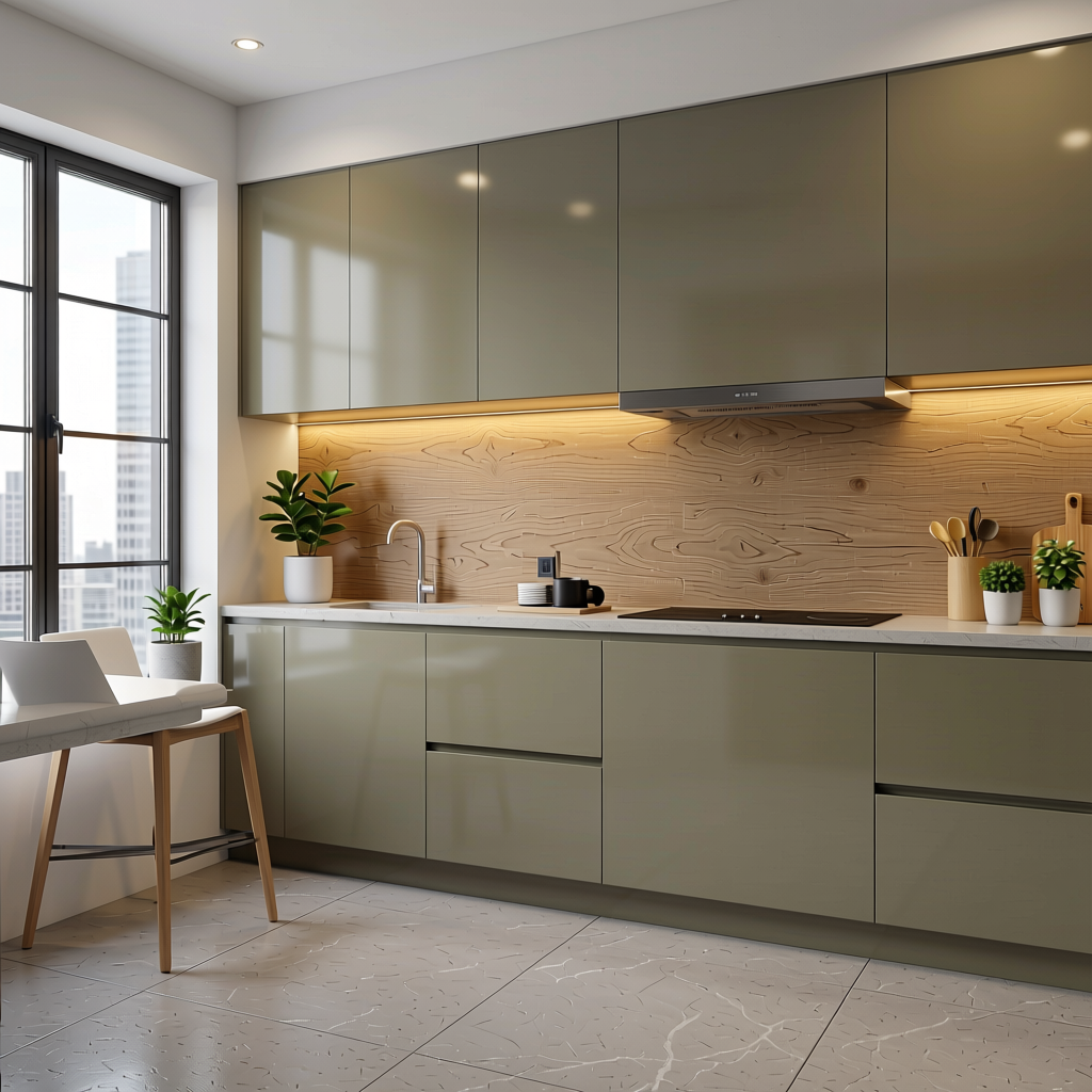 Plain Laminate 8x4 ft Glossy 1 mm - LM 18452 — application view in a contemporary kitchen