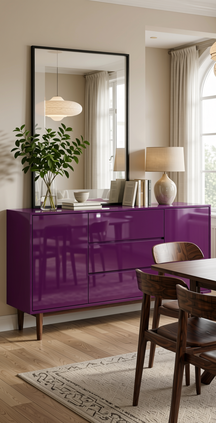 Black Currant Laminate 8x4 ft Glossy 1 mm - Purple Plain — application view in a stylish dining room