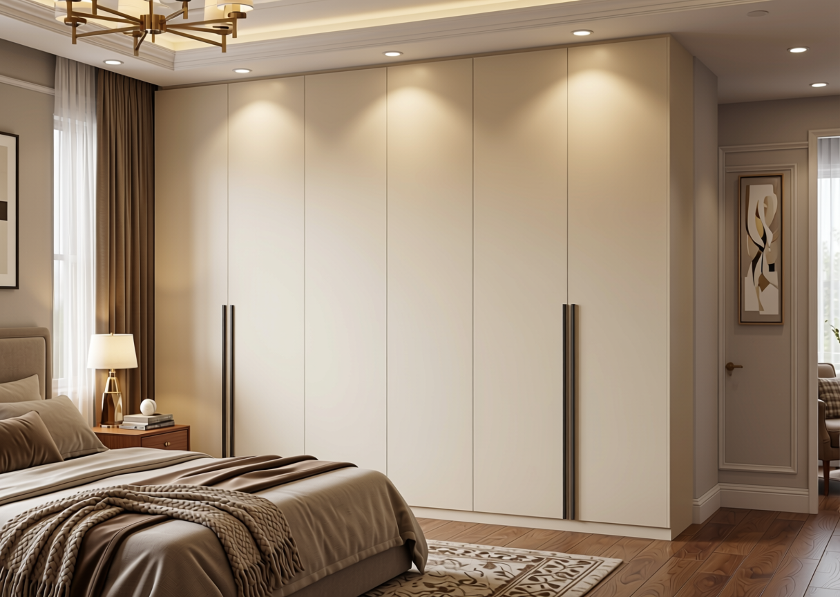 Blanco Cream Plain Laminate 8x4 ft Super Matte 1 mm - 1982 SMT — application view in a luxurious bedroom
