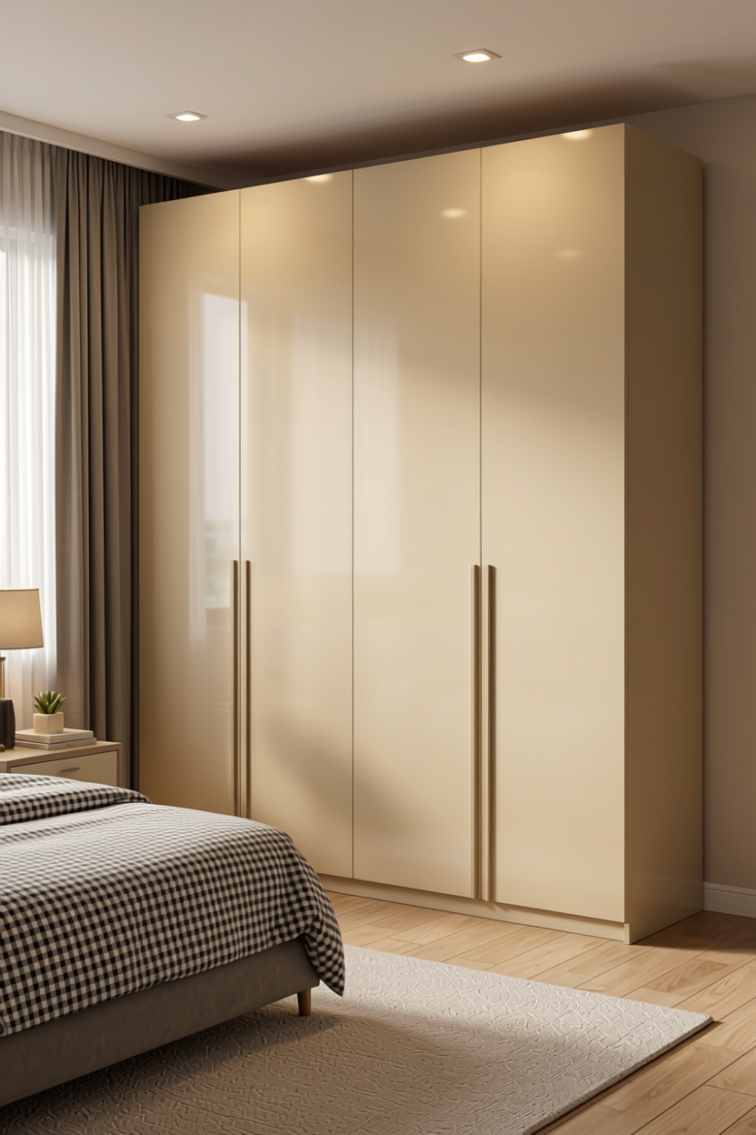 Bone Beige Plain Laminate 8x4 ft High Gloss 1 mm - 2225 MG — application view in a sleek bedroom