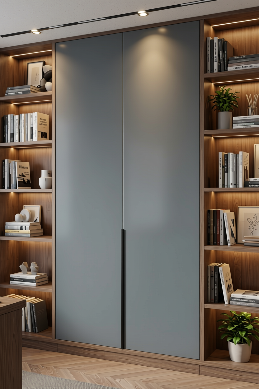 Cadet Grey Plain Laminate 8x4 ft High Gloss 1 mm - 2218 MG — application view in a modern study