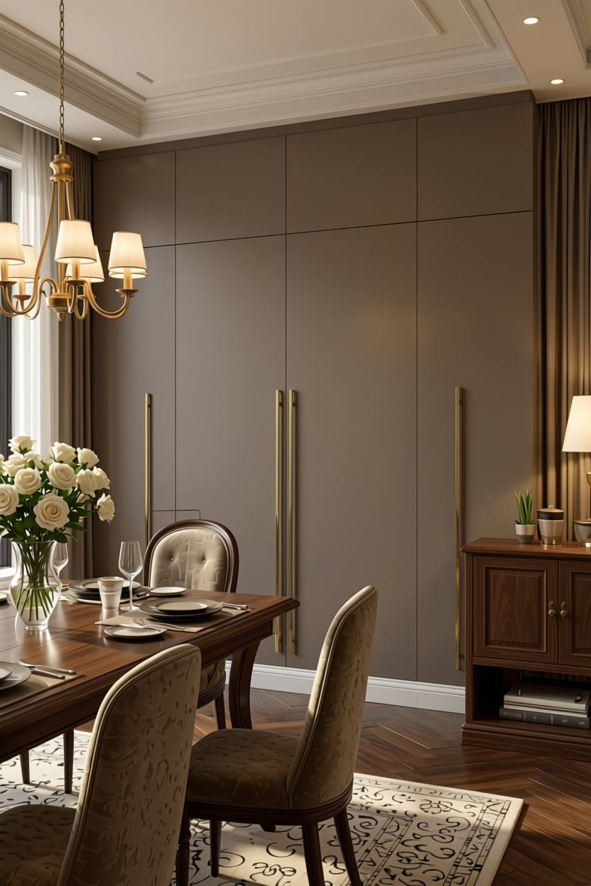 Dark Beige Wood Laminate 8x4 ft Texture 0.8 mm - 8941 VR — application view in a elegant dining room