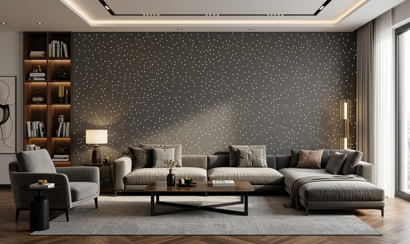 Elite Series Acrylic Sparkles Dark Grey Plain Laminate 8x4 ft Texture 1 mm - 2185 GM — application view in a luxury living room