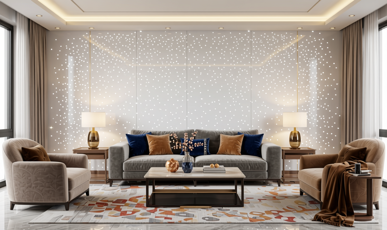 Elite Series Acrylic Sparkles White Plain Laminate 8x4 ft Texture 1 mm - 2111 GM — application view in a glamorous living room