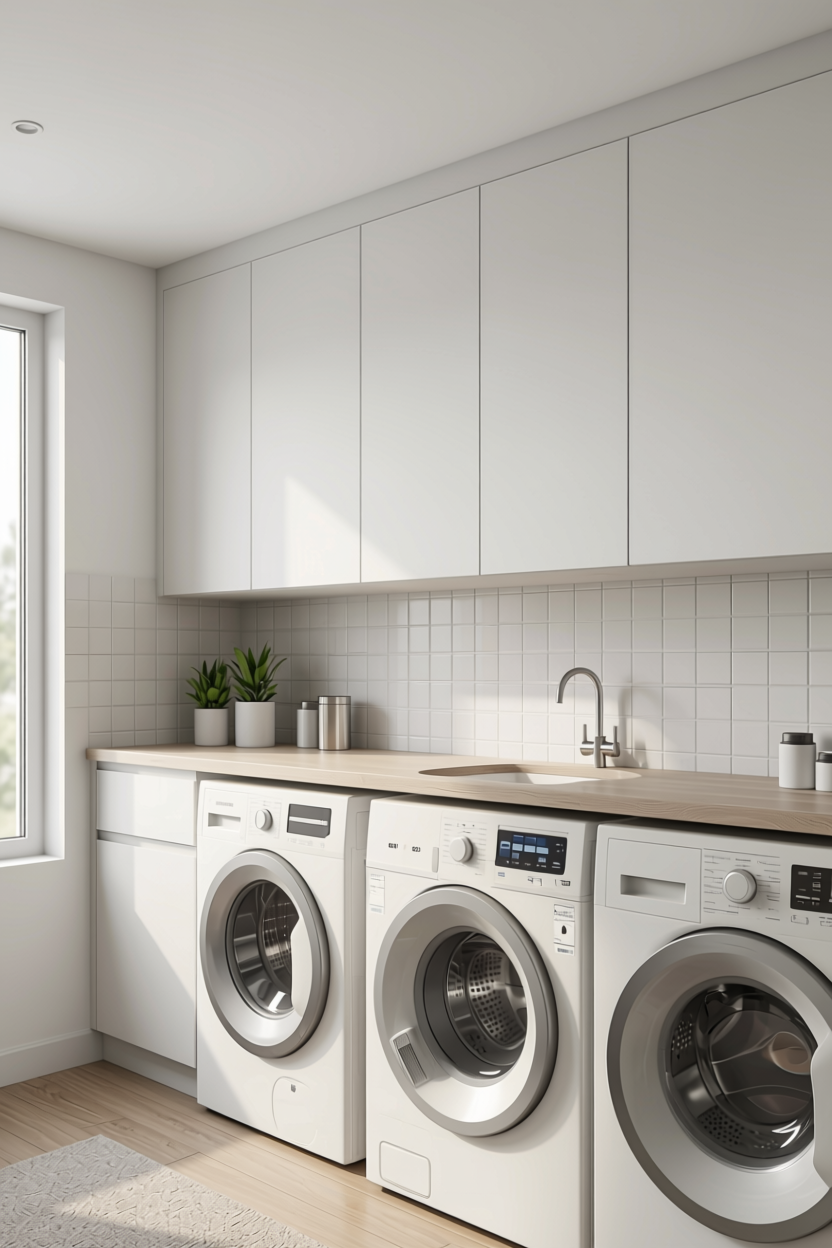 Frosty White Plain Laminate 8x4 ft Matte 1 mm - 2112 TM — application view in a clean laundry room