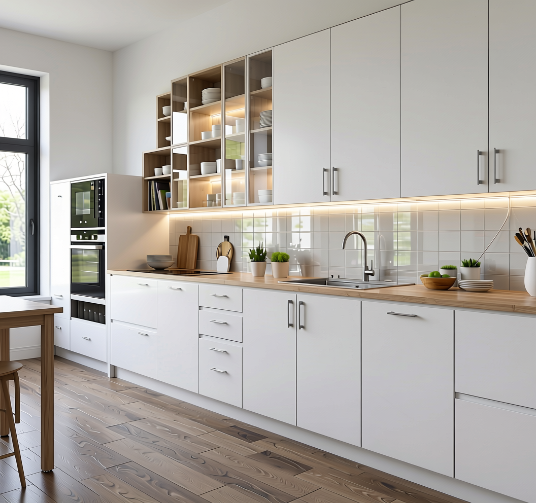 Frosty White Designer Laminate 8x4 ft Texture 0.8 mm - 8013 CE — application view in a bright kitchen
