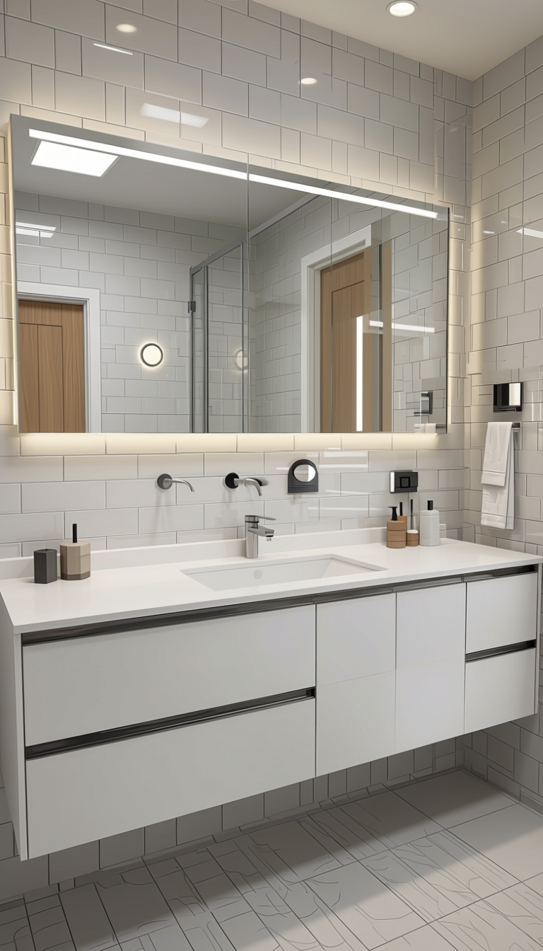 Frosty White Wood Laminate 8x4 ft Texture 0.8 mm - 8013 VR — application view in a minimalist bathroom