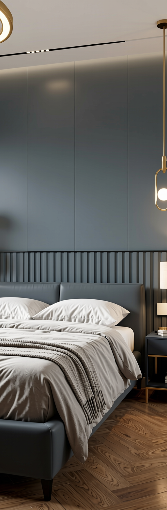 Harbor Grey Fluted Laminate 8x4 ft Matte 1 mm - 3839 FLT — application view in a contemporary bedroom