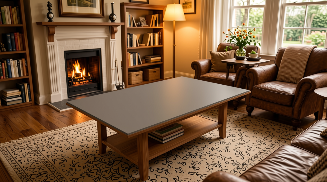 Hazelnut Plain Laminate 8x4 ft Matte 1 mm - ZSM 934 — application view in a warm living room