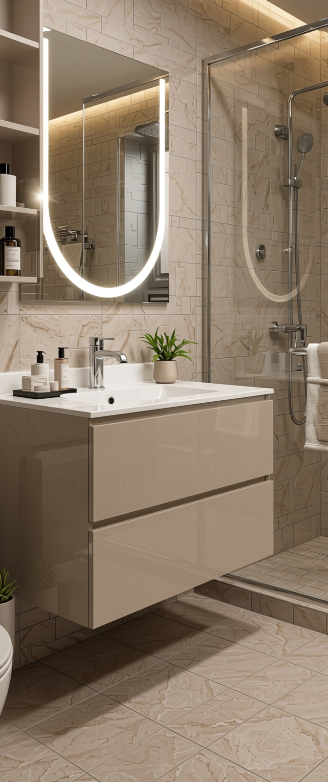 High Gloss Finish Decorative Plain Laminate 8x4 ft Texture 1 mm - LM 18548 — application view in a bathroom