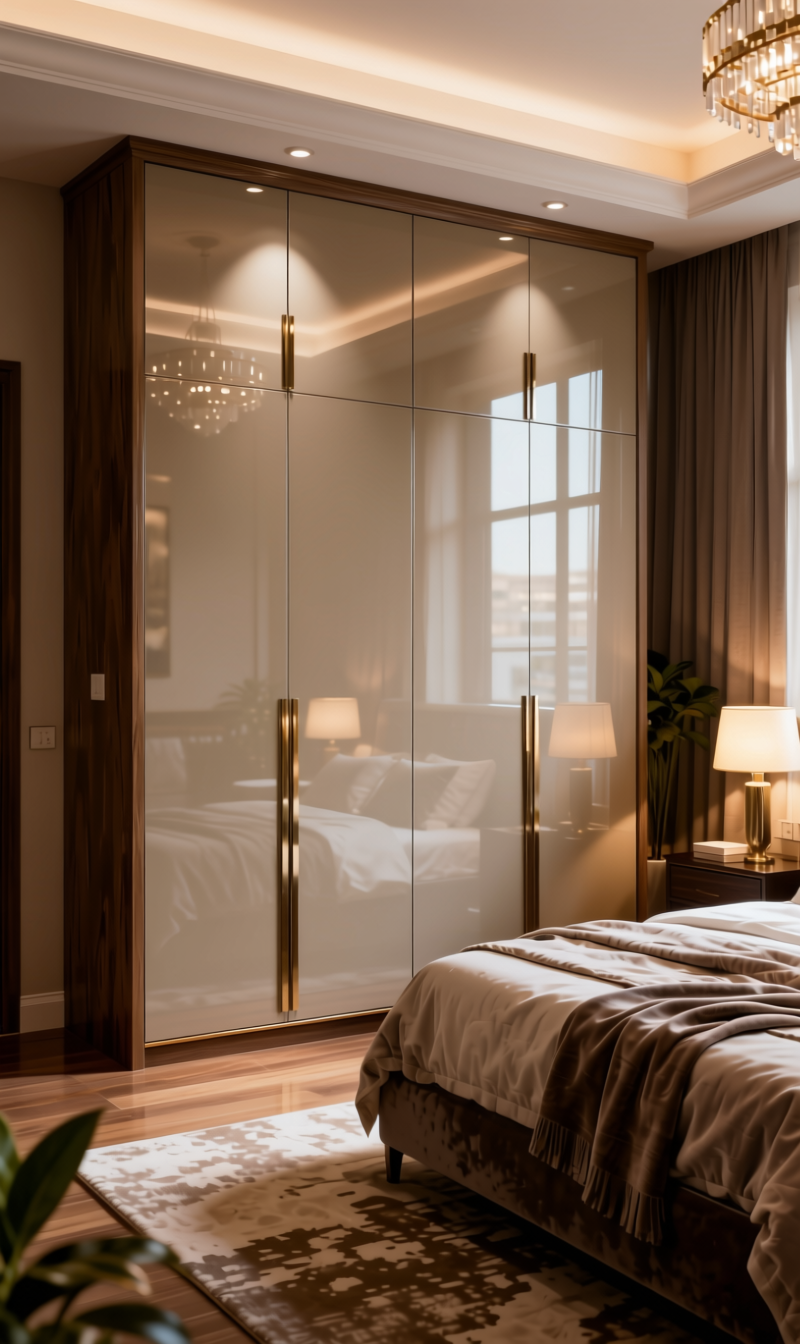 High Gloss Finish Decorative Plain Laminate 8x4 ft Texture 1 mm - LM 18544 — application view in a luxurious bedroom