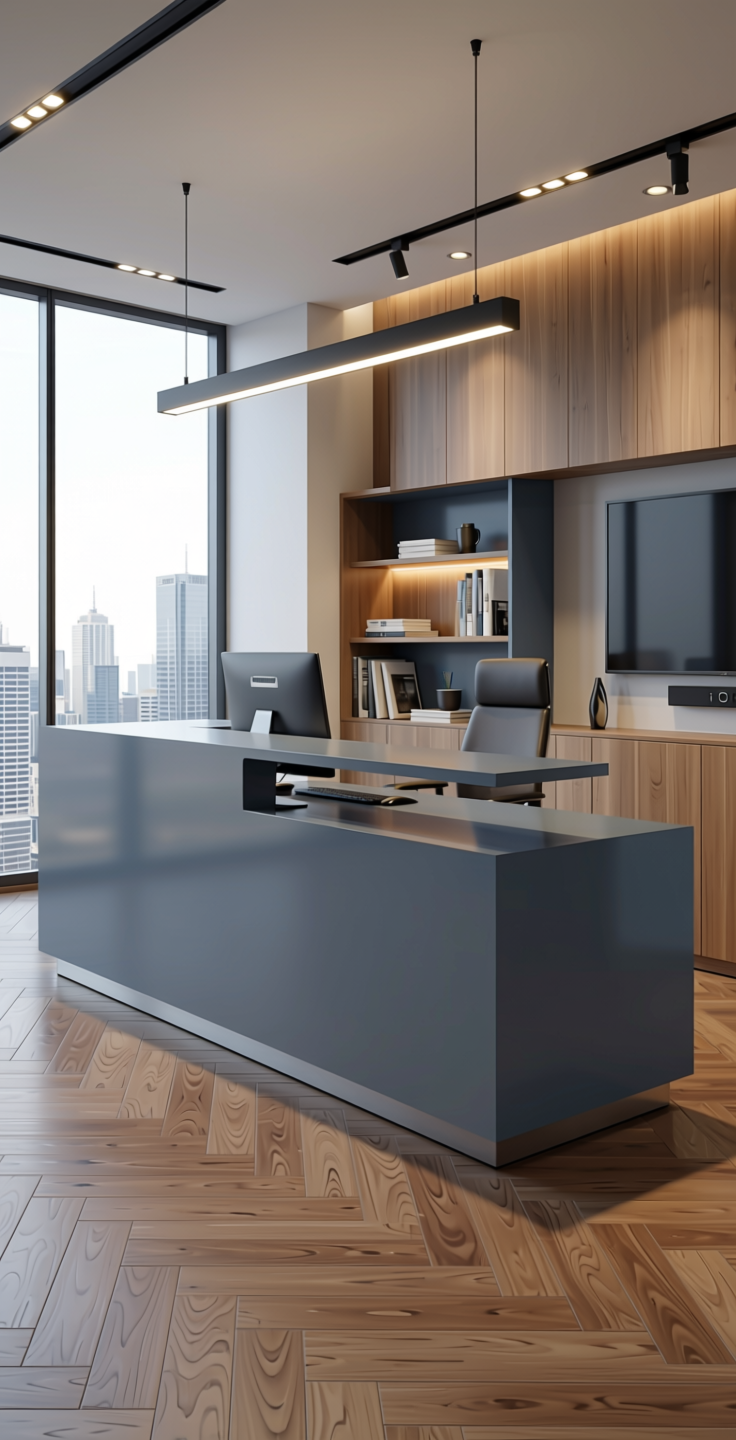 Homogeneous Solid Colours Plain Laminate 8x4 ft High Gloss 1 mm - 21057 UNI — application view in a contemporary office