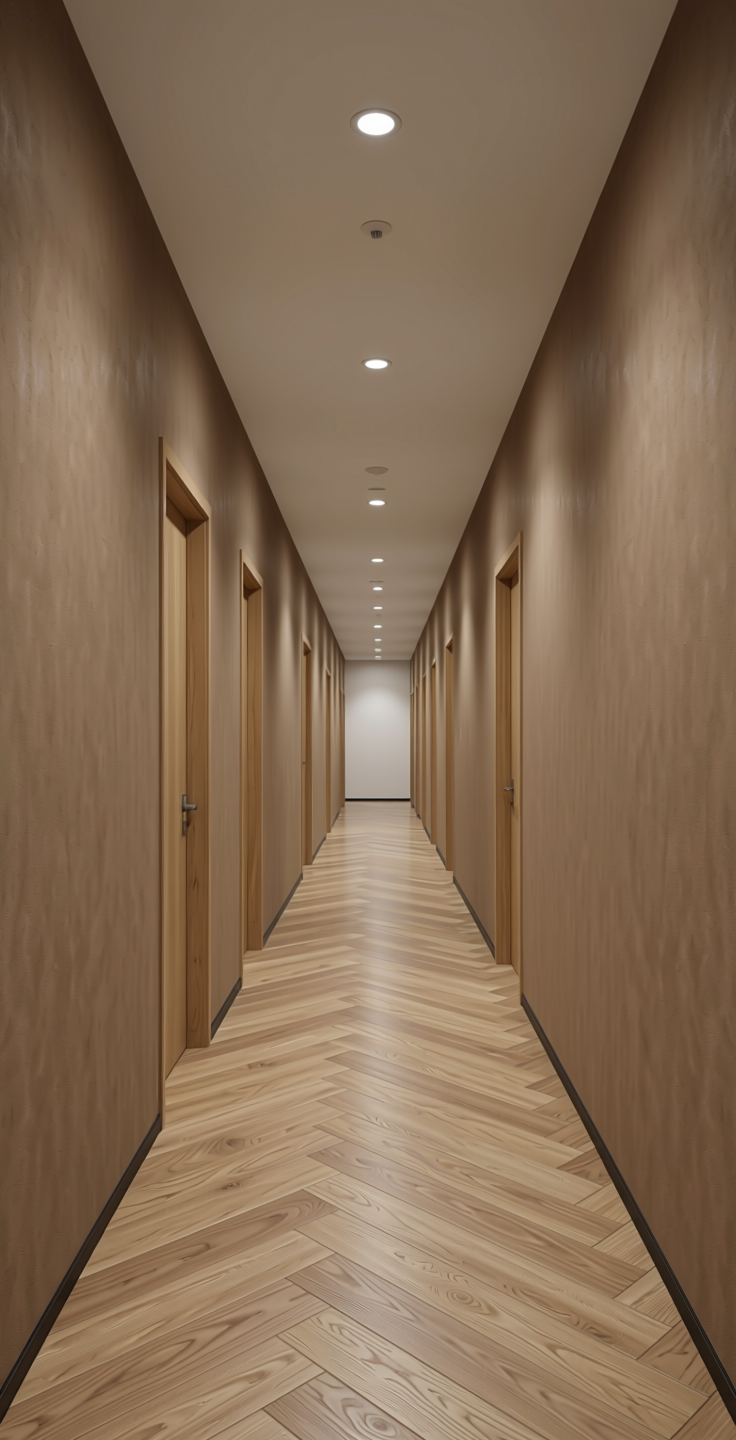 Homogeneous Solid Colours Plain Laminate 8x4 ft Suede 1 mm - 21069 UNI+ — application view in a spacious hallway