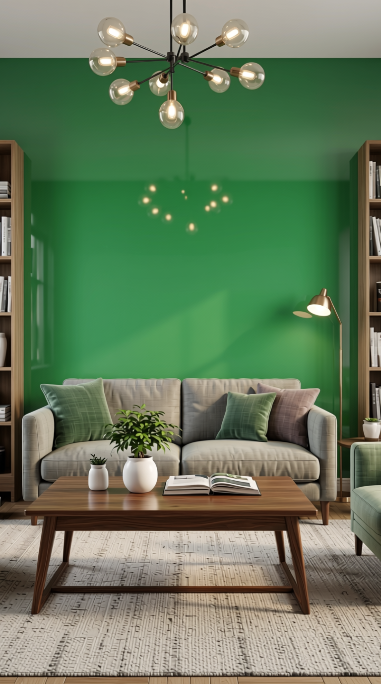 Jungle Green Plain Laminate 8x4 ft High Gloss 1.5 mm - SA 131 — application view in a accent wall in living room