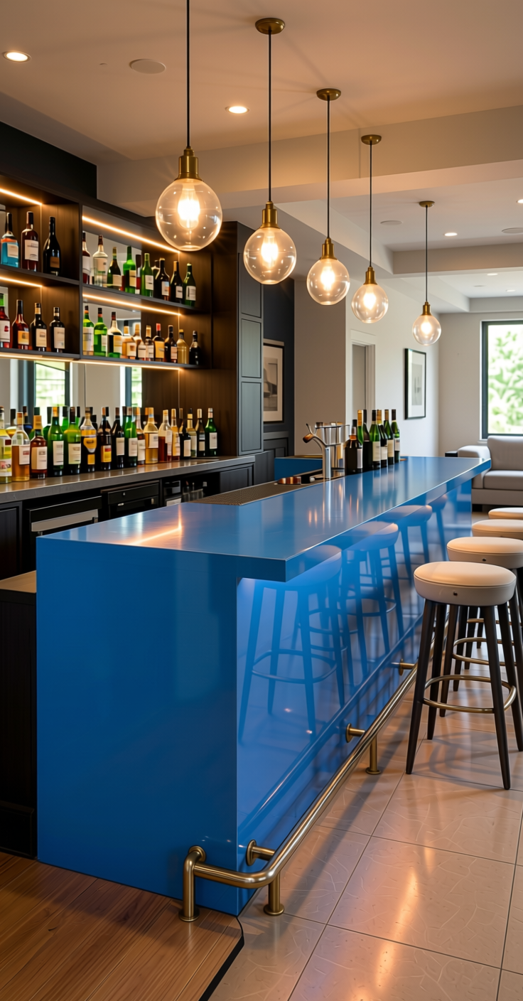 Maccasar Ebony Laminate 8x4 ft Glossy 1 mm - Blue Plain — application view in a home bar