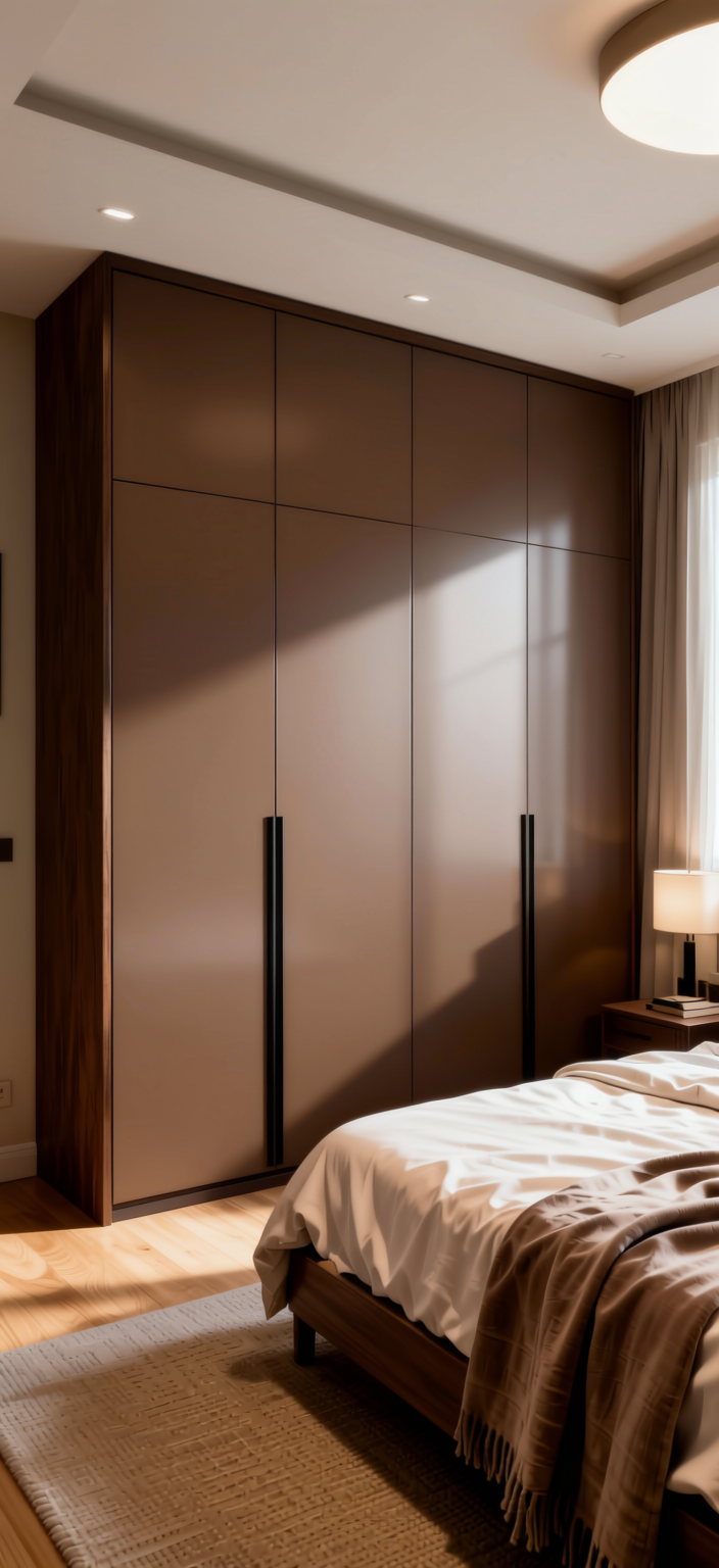 Mocha Brown Plain Laminate 8x4 ft Satin 1 mm - 3003 FS — application view in a bedroom