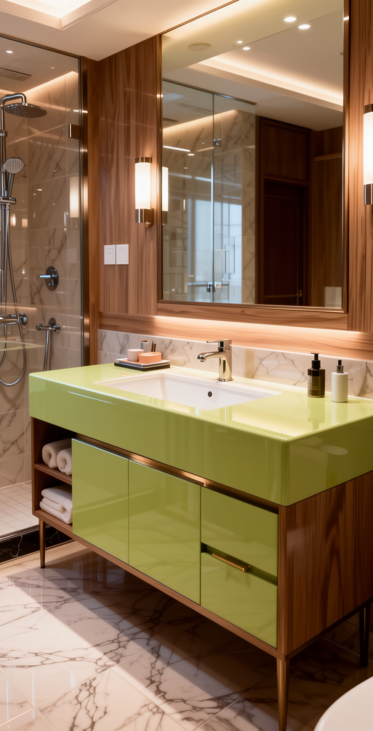 + Plain Laminate 8x4 ft High Gloss 1 mm - 21163 MR+ — application view in a luxurious bathroom