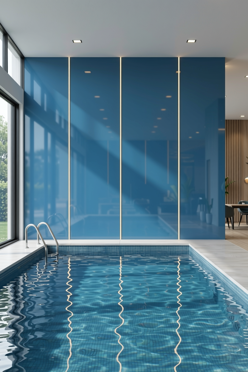 Ocean Blue Plain Laminate 8x4 ft High Gloss 1 mm - 2217 MG — application view in a pool house