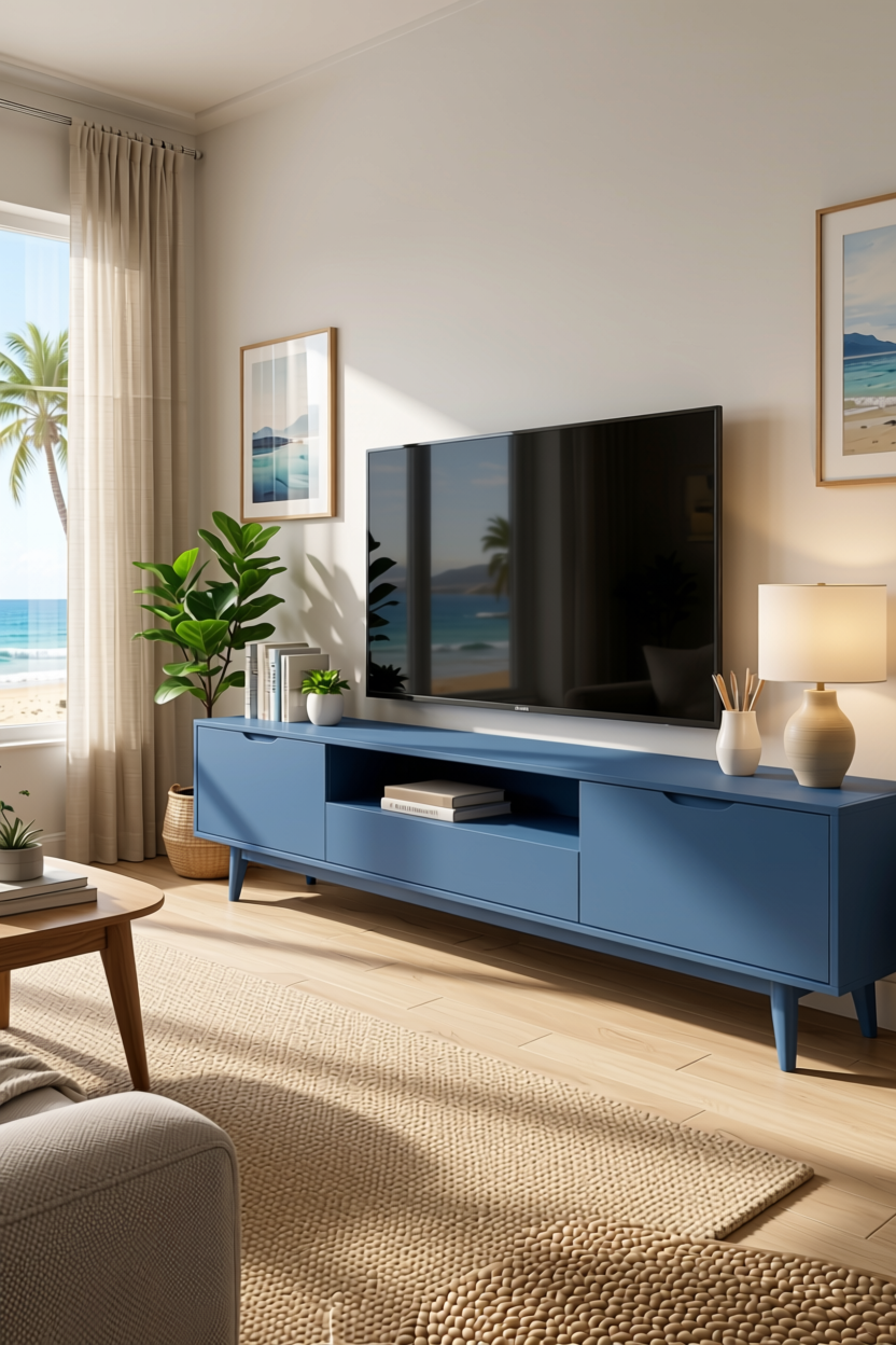 Ocean Blue Plain Laminate 8x4 ft Matte 1 mm - 2217 TM — application view in a coastal living room