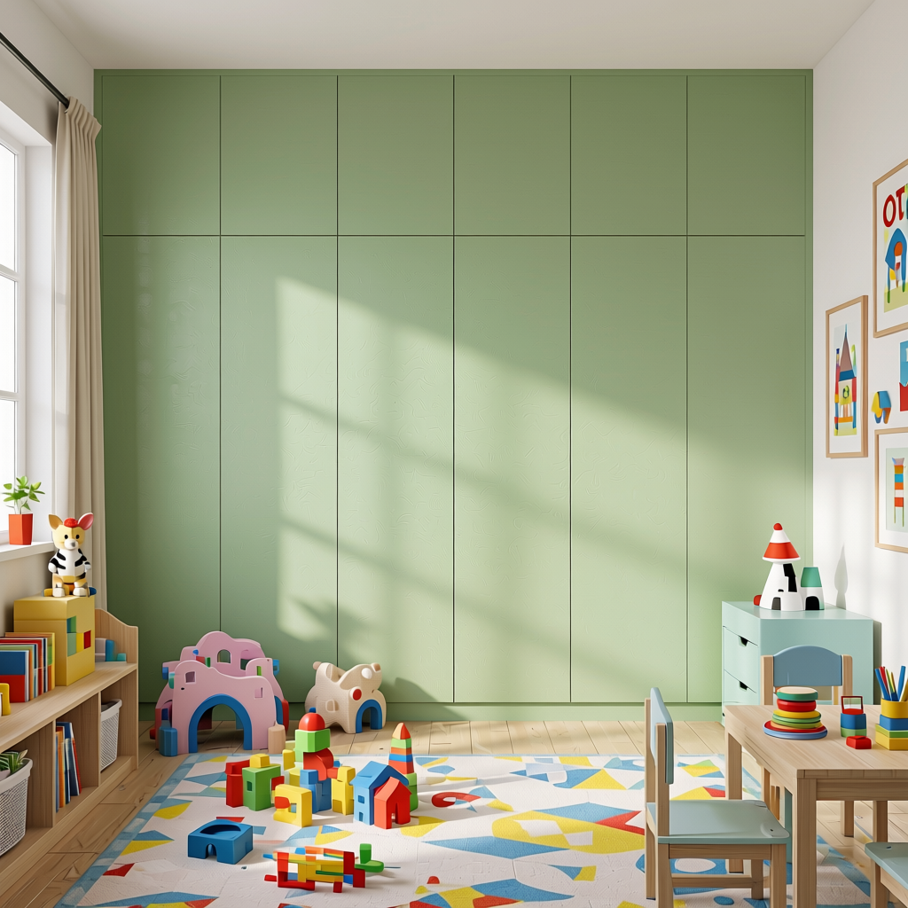 Pastel Green Plain Laminate 8x4 ft Texture 1 mm - 2113 TM — application view in a kids' playroom