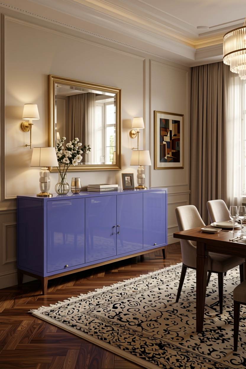 Periwinkle Plain Laminate 8x4 ft High Gloss 1 mm - 2214 MG — application view in a elegant dining room