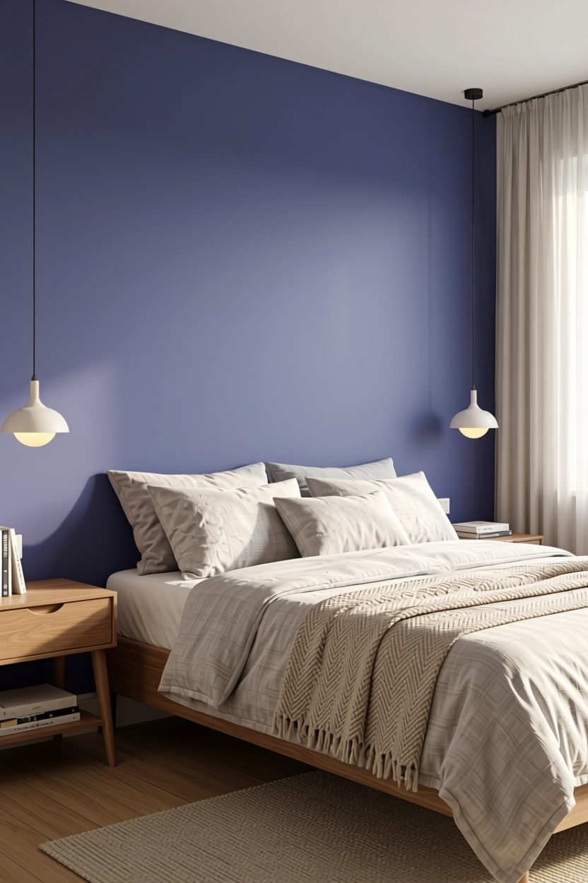 Periwinkle Plain Laminate 8x4 ft Matte 1 mm - 2214 TM — application view in a serene bedroom