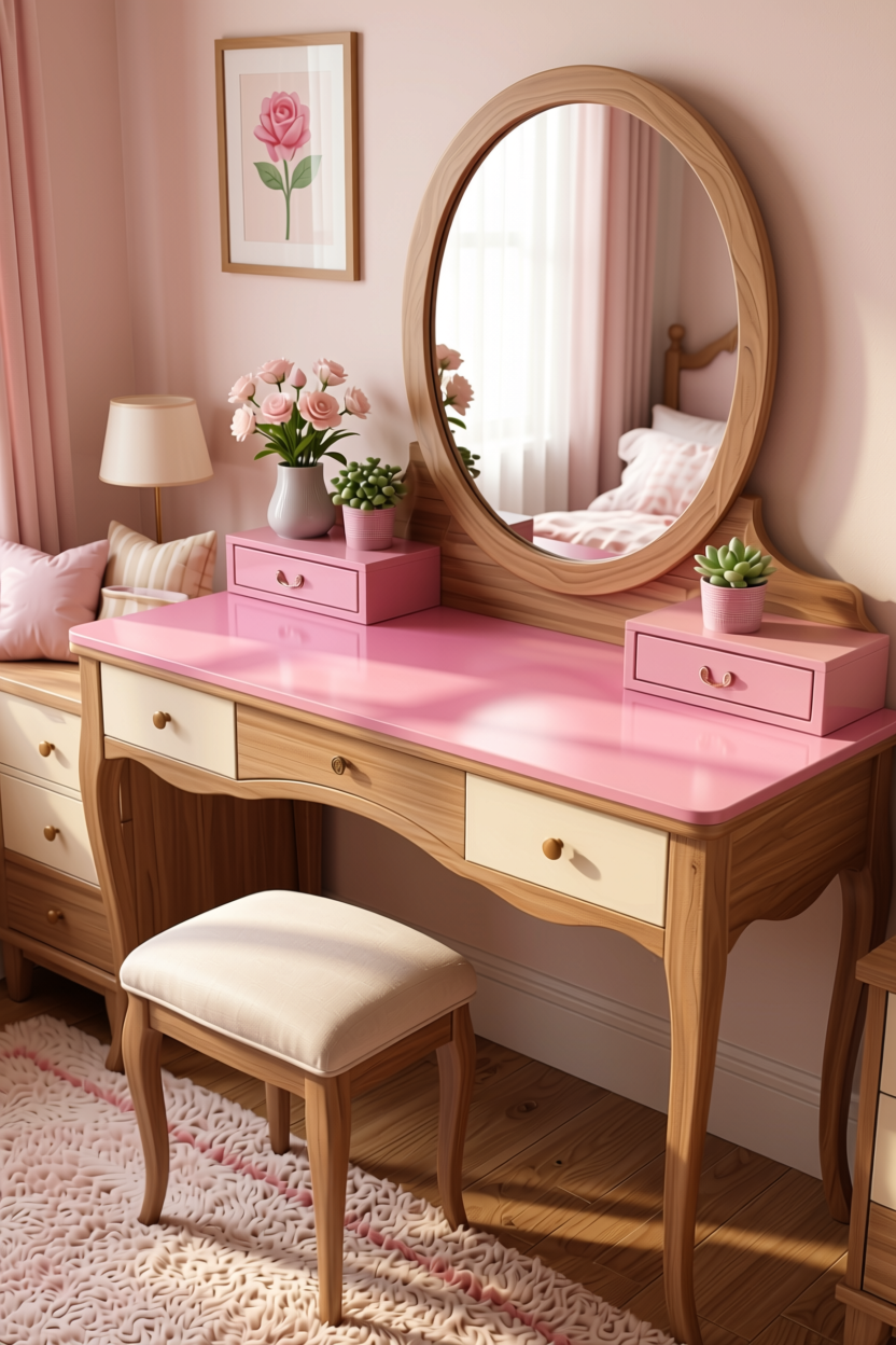 Powder Pink Plain Laminate 8x4 ft High Gloss 1 mm - 2213 MG — application view in a girly bedroom