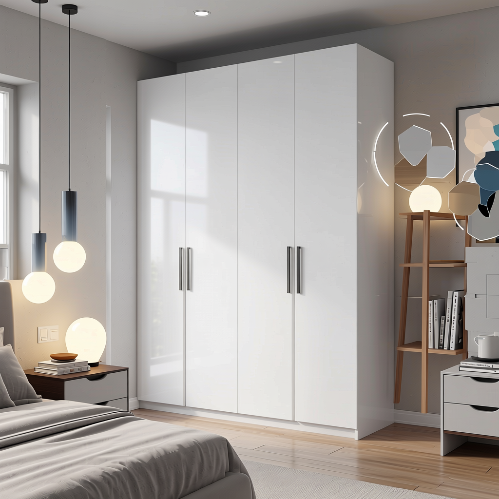 PR Mettallic White Plain Laminate 8x4 ft High Gloss 0.8 mm - 1854 HG — application view in a minimalist bedroom