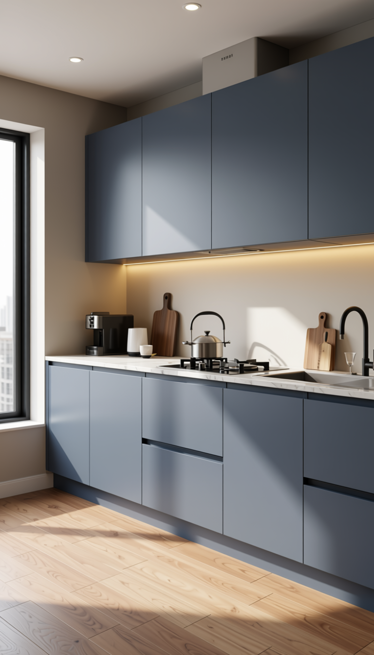 PU Finish Decorative Plain Laminate 8x4 ft Texture 1 mm - LM 18566 — application view in a contemporary kitchen