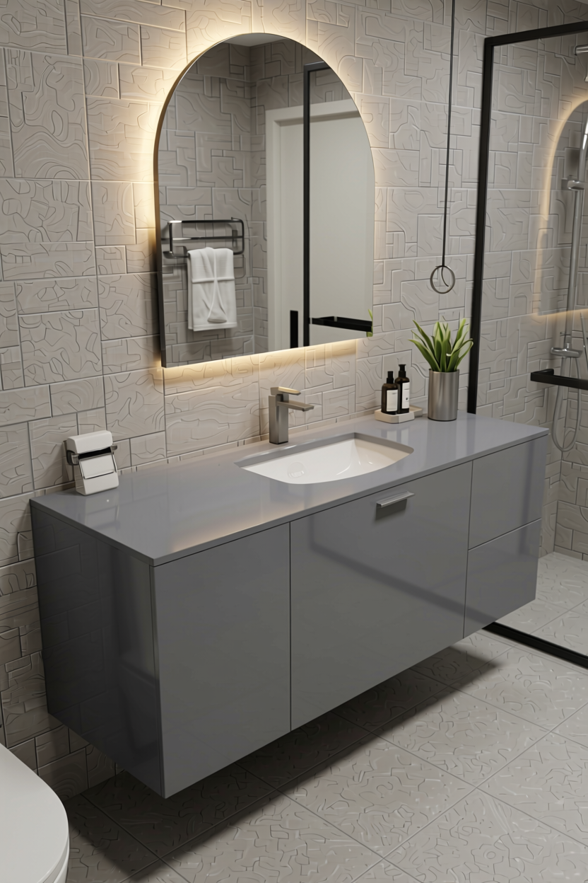 Rhino Grey Plain Laminate 8x4 ft High Gloss 1 mm - 2219 MG — application view in a minimalist bathroom