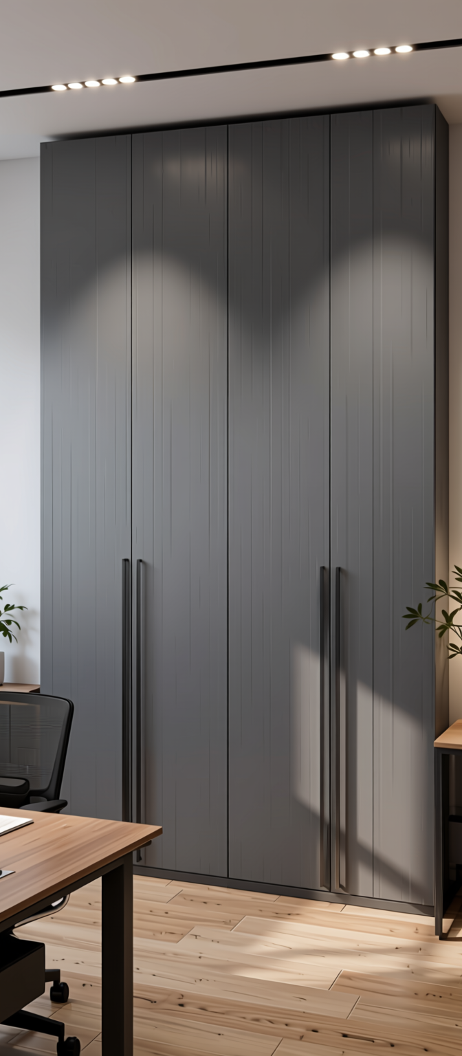 Shark Grey Fluted Laminate 8x4 ft Matte 1 mm - 3866 FLT — application view in a sleek office
