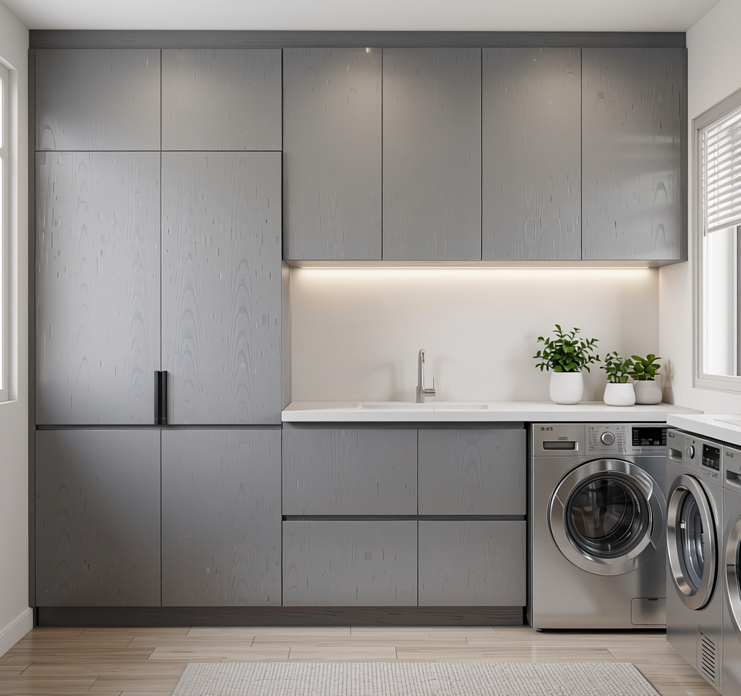 Silver Grey Fluted Laminate 8x4 ft Texture 1 mm - 602x UG — application view in a modern laundry