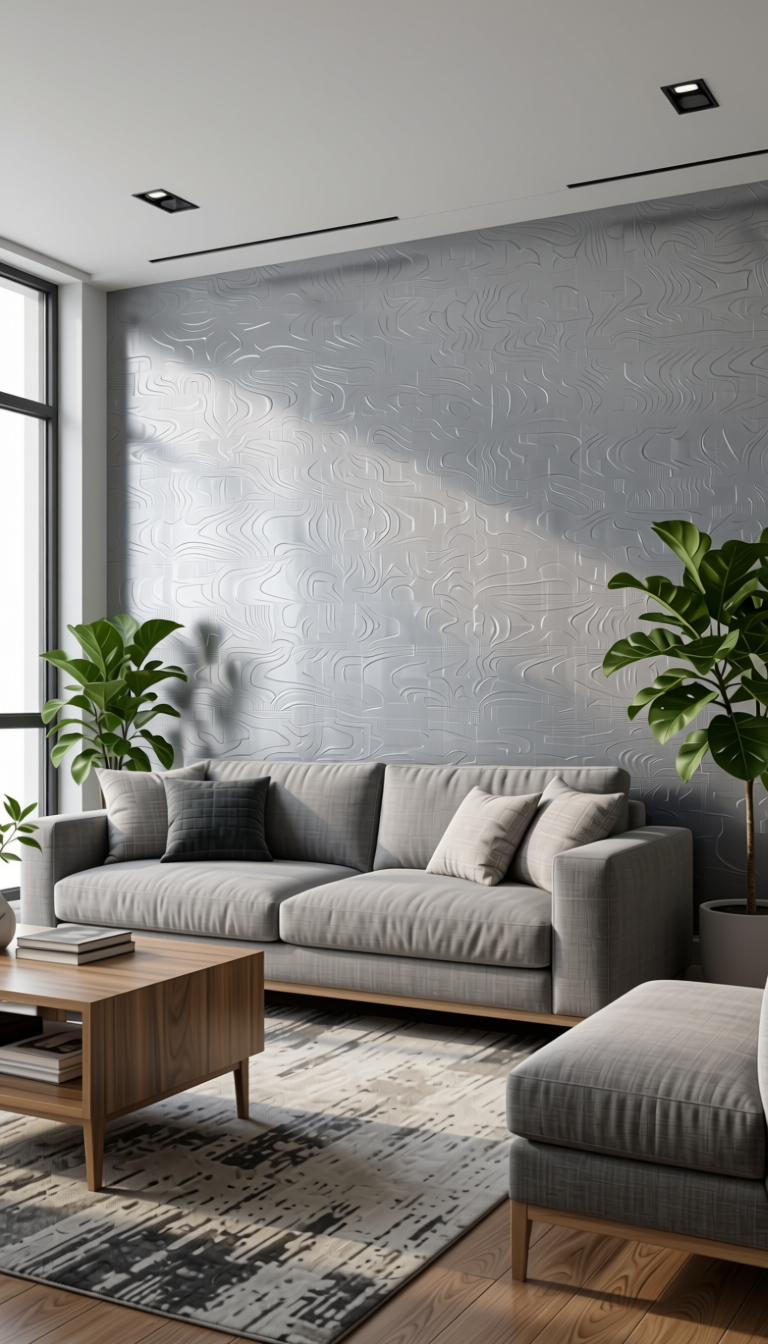 Silver Grey Wood Laminate 8x4 ft Texture 0.8 mm - 8012 VR — application view in a contemporary living room