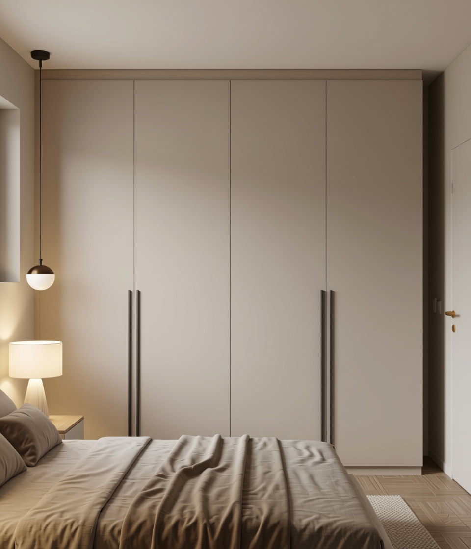 Solid Colors Plain Laminate 8x4 ft Matte 1 mm - LM 12342 — application view in a minimalist bedroom