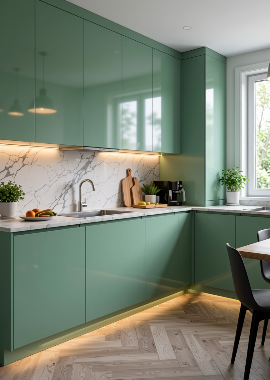 Solid Colour Plain Laminate 8x4 ft High Gloss 1.5 mm - GA 4034 — application view in a contemporary kitchen