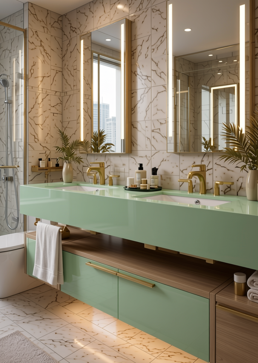 Solid Colour Plain Laminate 8x4 ft High Gloss 1.5 mm - GA 4033 — application view in a luxury bathroom