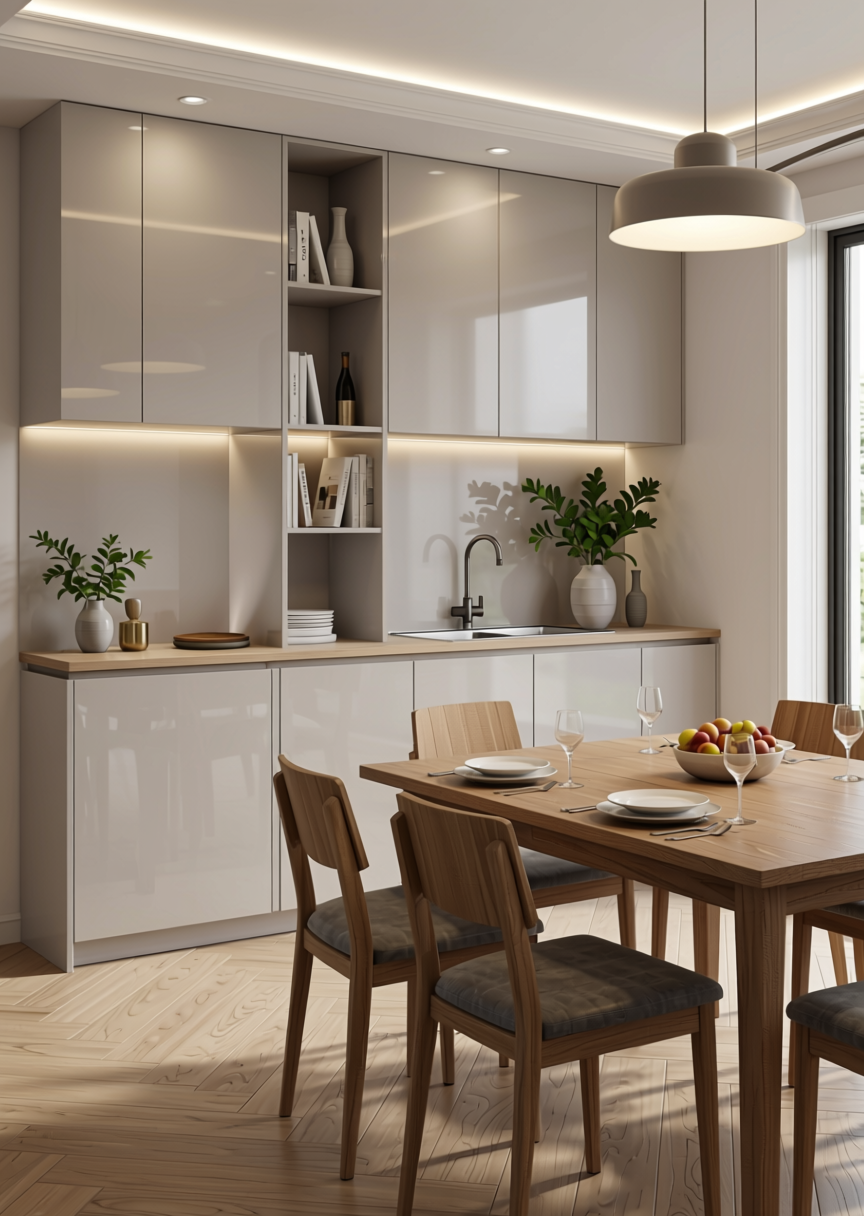 Solid Colour Plain Laminate 8x4 ft High Gloss 1.5 mm - GA 4039 — application view in a dining room