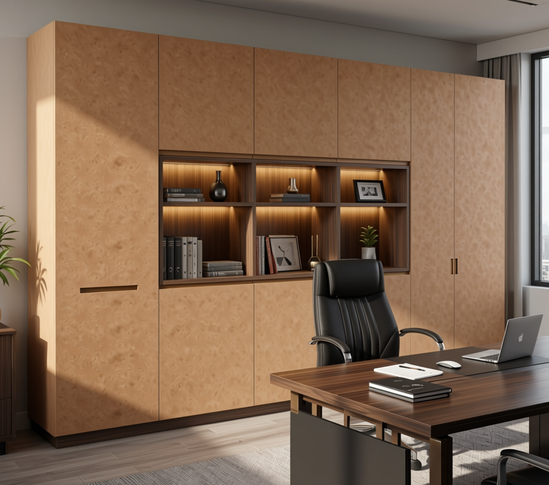 Suede Finish Decorative Plain Laminate 8x4 ft Texture 1 mm - LM 18571 — application view in a sophisticated office