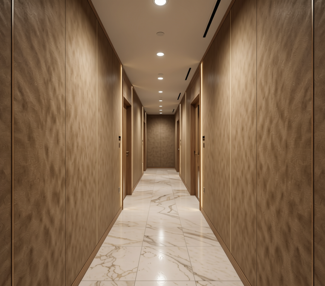 Suede Finish Decorative Plain Laminate 8x4 ft Texture 1 mm - LM 18570 — application view in a chic hallway
