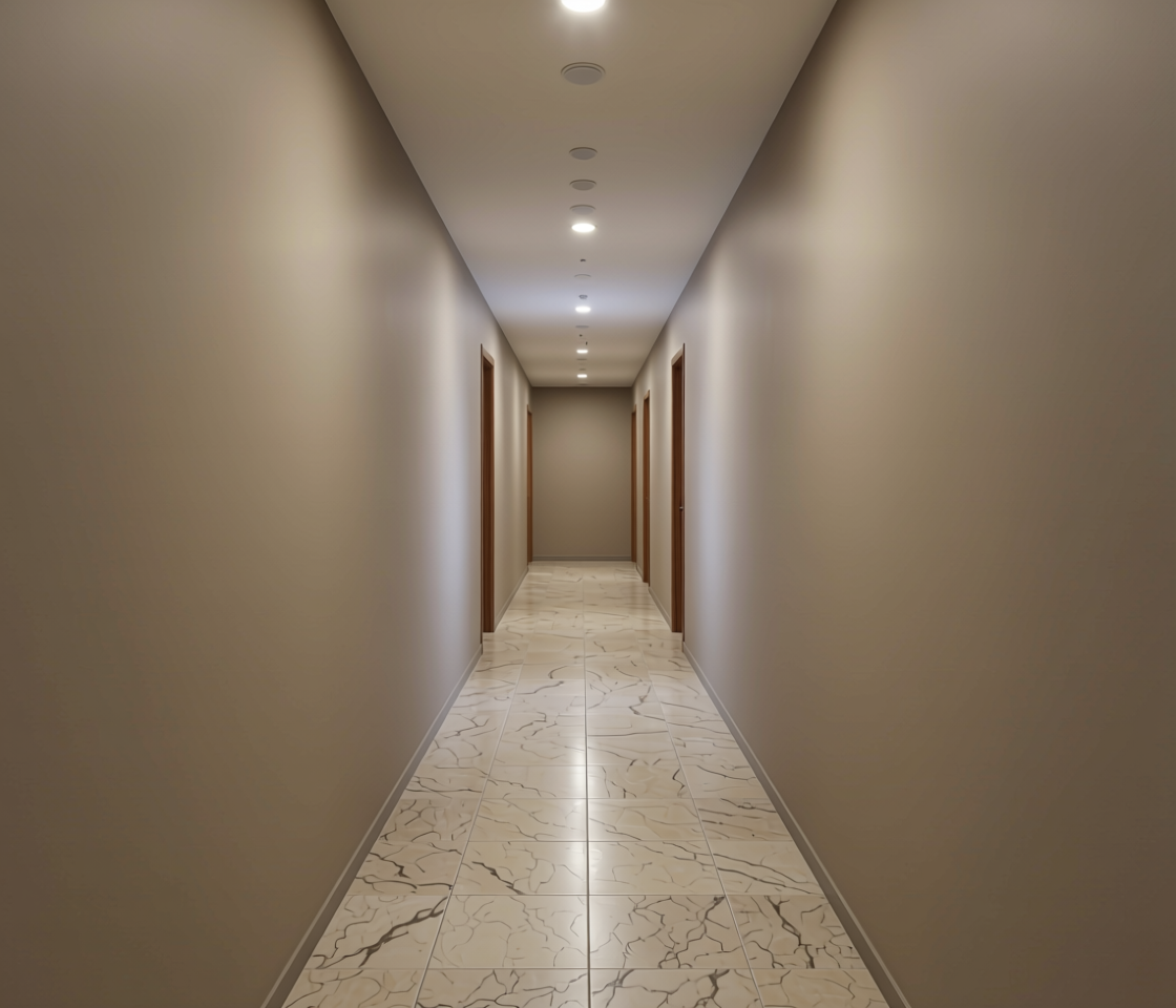 Finish Decorative Plain Laminate 8x4 ft Texture 1 mm - LM 04271 — application view in a hallway