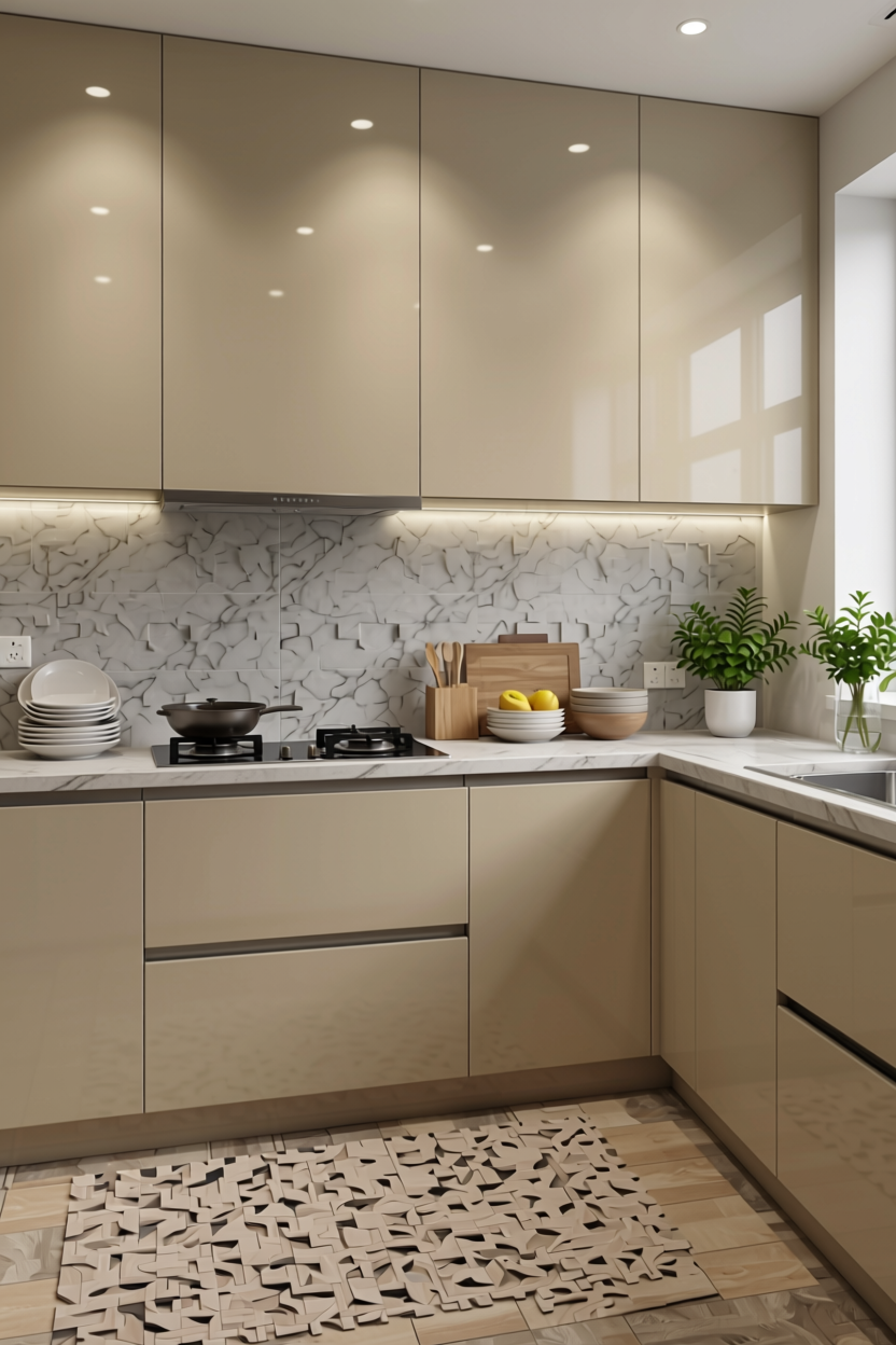 Urban Beige Plain Laminate 8x4 ft High Gloss 1 mm - 2211 MG — application view in a contemporary kitchen